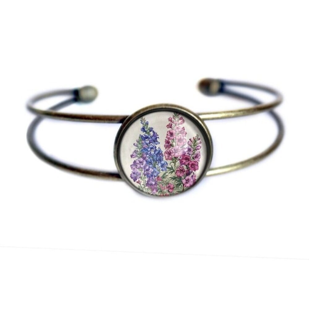 Larkspur‎ Flowers Cuff Bracelet - Delphinium Flowers - Glass Cabochon Jewelry